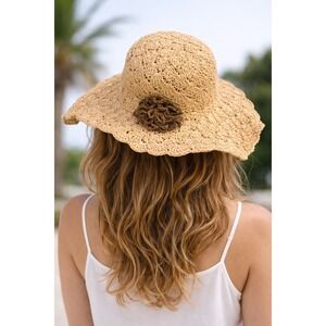 Route 66 Hat Womens Tan Crochet Straw Floppy Sun Hat Rosette Accent One Size